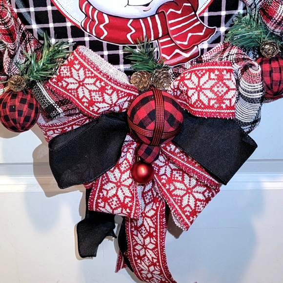 Winter Frosty Snowman Wreath Farmhouse Cabin Cottage Deco Mesh Bow Pinecones - Picture 6 of 7
